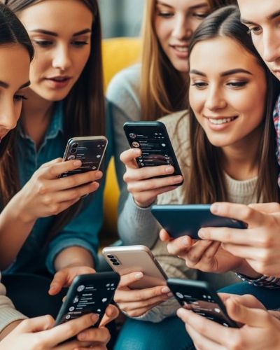 Grupo de jovens conectados em seus celulares.