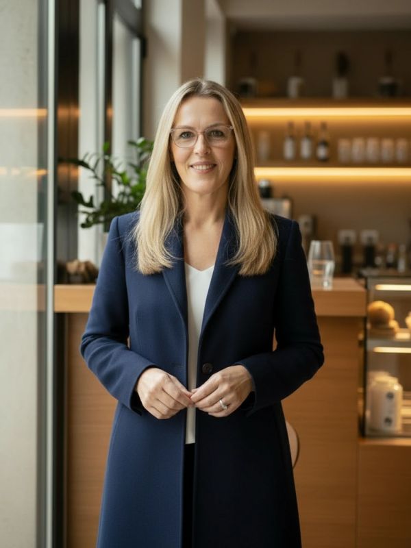 Mulher sorridente com casaco azul marinho em ambiente interno elegante.