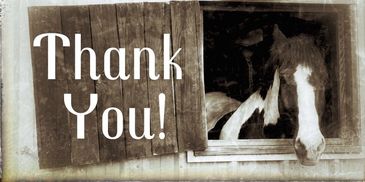 A horse peeking through a barn window with a 'Thank You!' message.