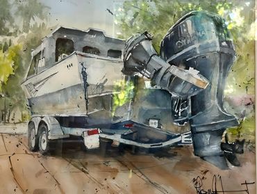 Watercolor painting of a truck on a road with trees in the background.