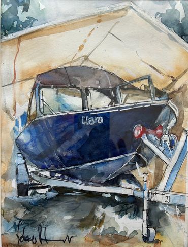 Watercolor painting of a boat named 'Clara' on a trailer.