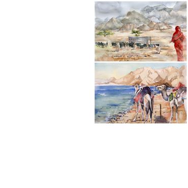Watercolor painting of a desert village with mountains, camels, and a person in red.