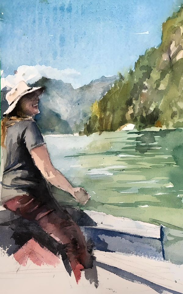 A watercolor painting of a person rowing on a lake surrounded by mountains.