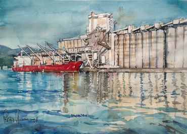Watercolor painting of a harbor with a red ship and industrial silos reflected in calm water.