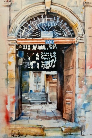 Watercolor painting of an arched doorway with open wooden doors and steps inside.