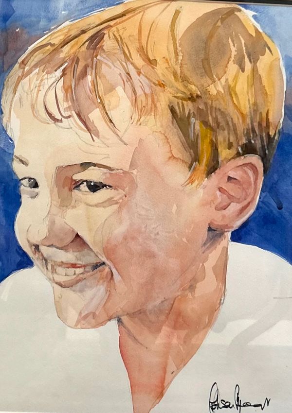 Watercolor painting of a smiling young boy with blonde hair against a blue background.