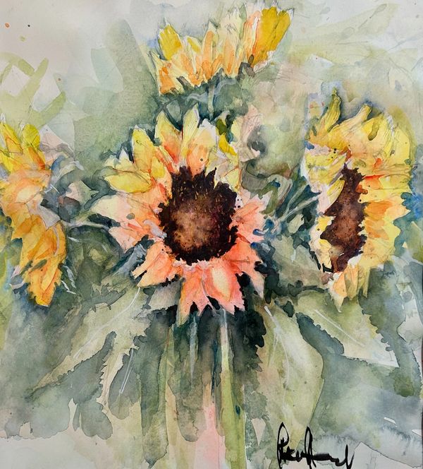 Watercolor painting of vibrant sunflowers with loose brushstrokes.