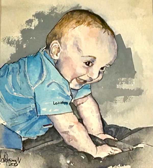 Watercolor painting of a smiling child in a blue shirt playing.