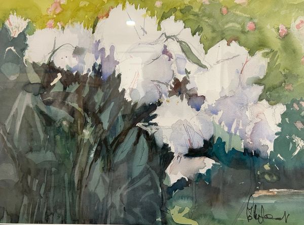Watercolor painting of white flowers with green and dark foliage.