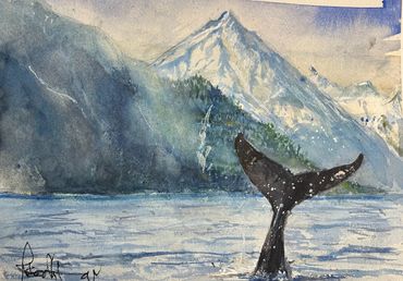 Watercolor painting of a whale tail against a mountainous backdrop.