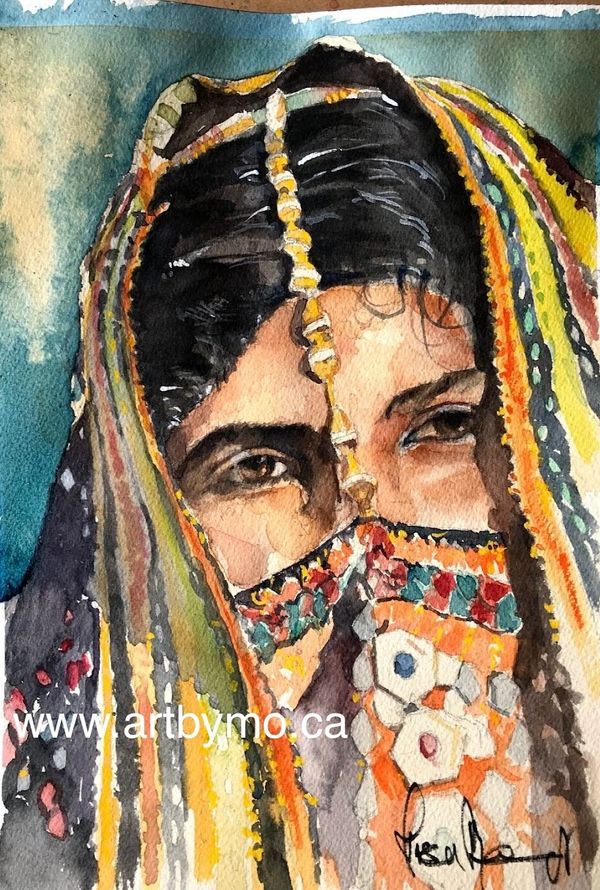 Watercolor painting of a woman with covered face and bright, patterned scarf.