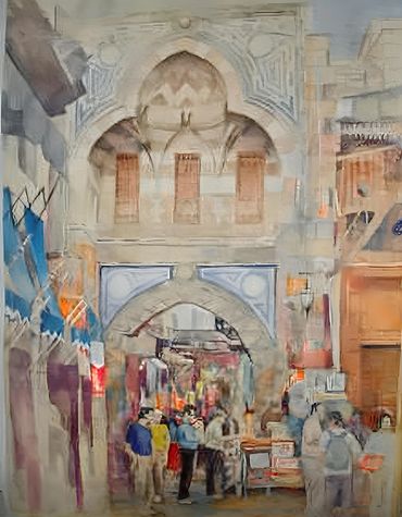 A bustling market street under an ancient arched gateway with blurred crowds.