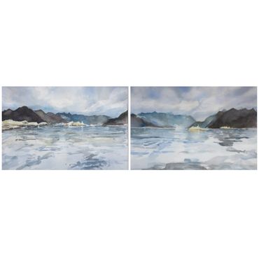 Two watercolor paintings of mountainous landscapes by the water under cloudy skies.