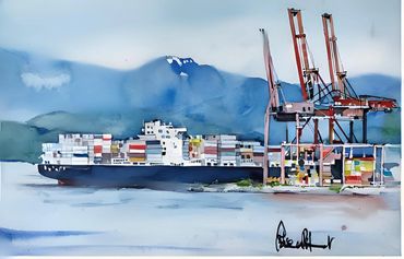 Watercolor painting of a cargo ship docked at a port with cranes and mountains in the background.