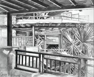 Black and white image of a balcony with plants and a railing.