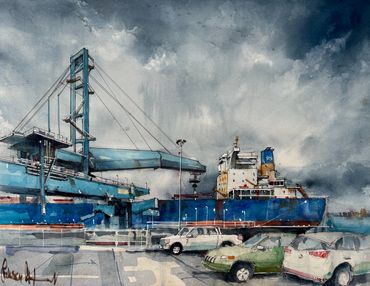 Watercolor painting of a harbor with a large blue ship and parked cars.