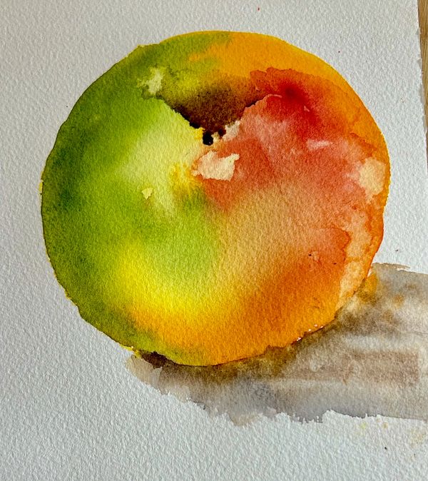 Abstract watercolor painting with vibrant green, yellow, red, and orange hues.
