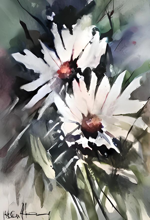 Abstract watercolor painting of white daisies with dark centers and green leaves.