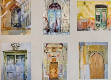 Watercolor paintings of various doors and windows with rustic charm.