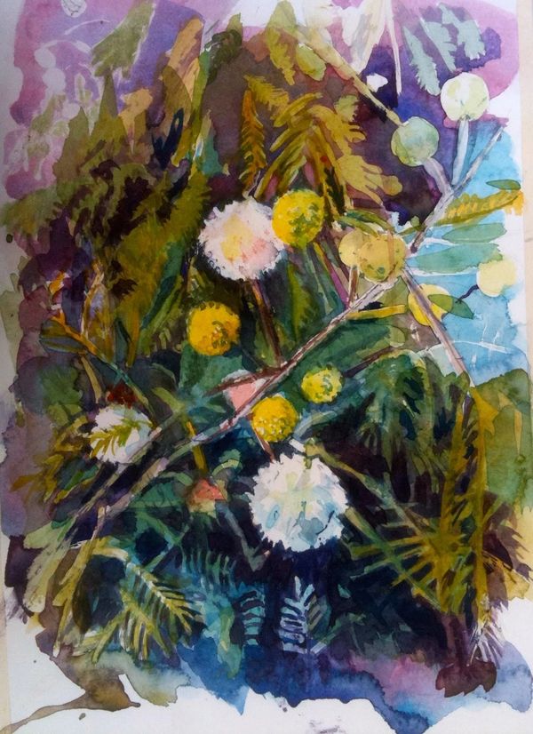 Watercolor painting of yellow and white flowers with green leaves.