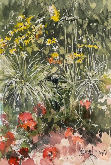 Watercolor painting of a vibrant garden with yellow, white, and red flowers.