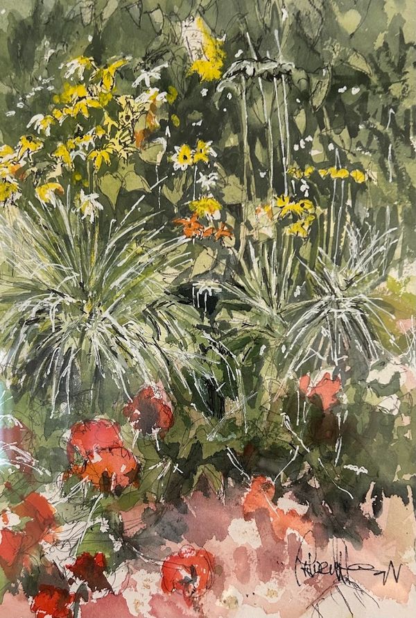 Watercolor painting of a vibrant garden with yellow, white, and red flowers.