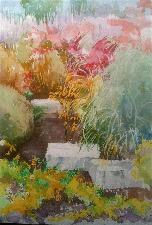 Watercolor painting of a garden path surrounded by colorful plants and flowers.