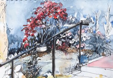 Watercolor and ink sketch of a garden with red-leaved tree and railing.