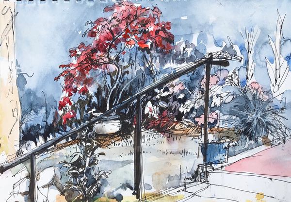 Watercolor and ink sketch of a garden with red-leaved tree and railing.