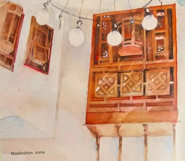 Watercolor painting of a traditional wooden mashrabiya window.