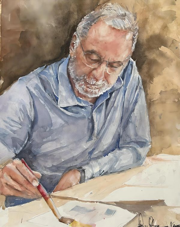 Watercolor painting of an older man painting with a brush.