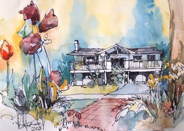 Watercolor and ink sketch of a two-story house surrounded by colorful flowers.