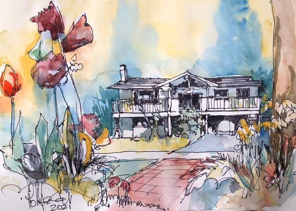 Watercolor and ink sketch of a two-story house surrounded by colorful flowers.