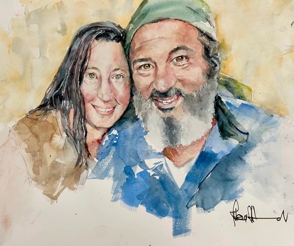 Watercolor portrait of a smiling couple with warm expressions.
