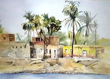 Watercolor painting of a rustic riverside village with palm trees and old houses.