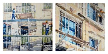 Watercolor painting of construction workers on scaffolding by a building.