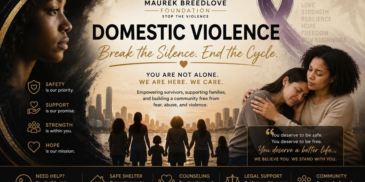 Domestic violence awareness poster promoting safety, support, strength, and hope.