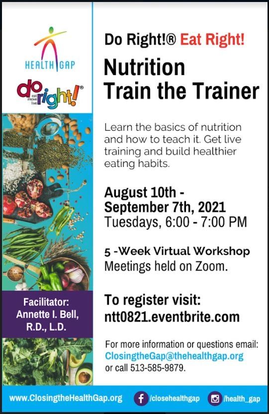 Virtual 5-week nutrition workshop training trainers to teach healthy eating habits.