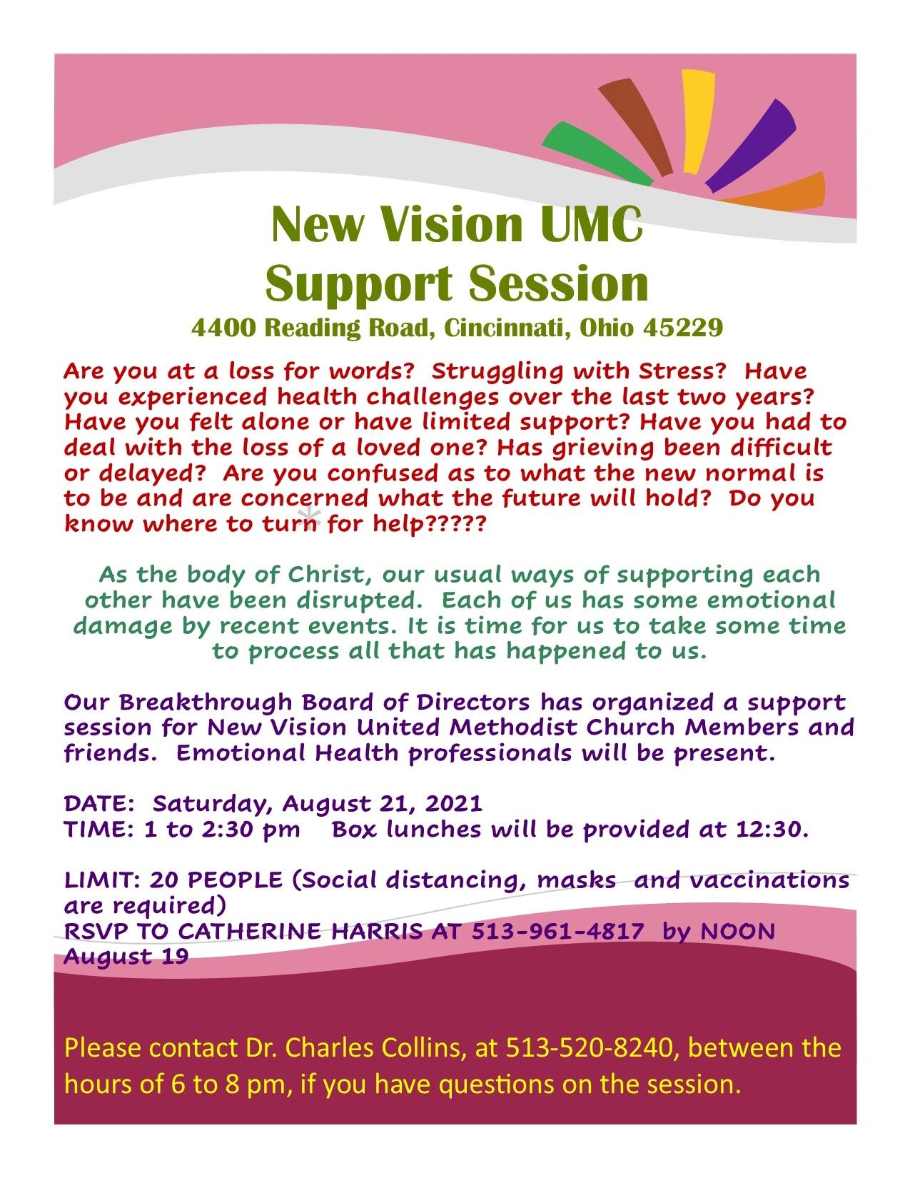 Flyer for New Vision UMC Support Session on August 21, 2021, addressing emotional health and grief support.