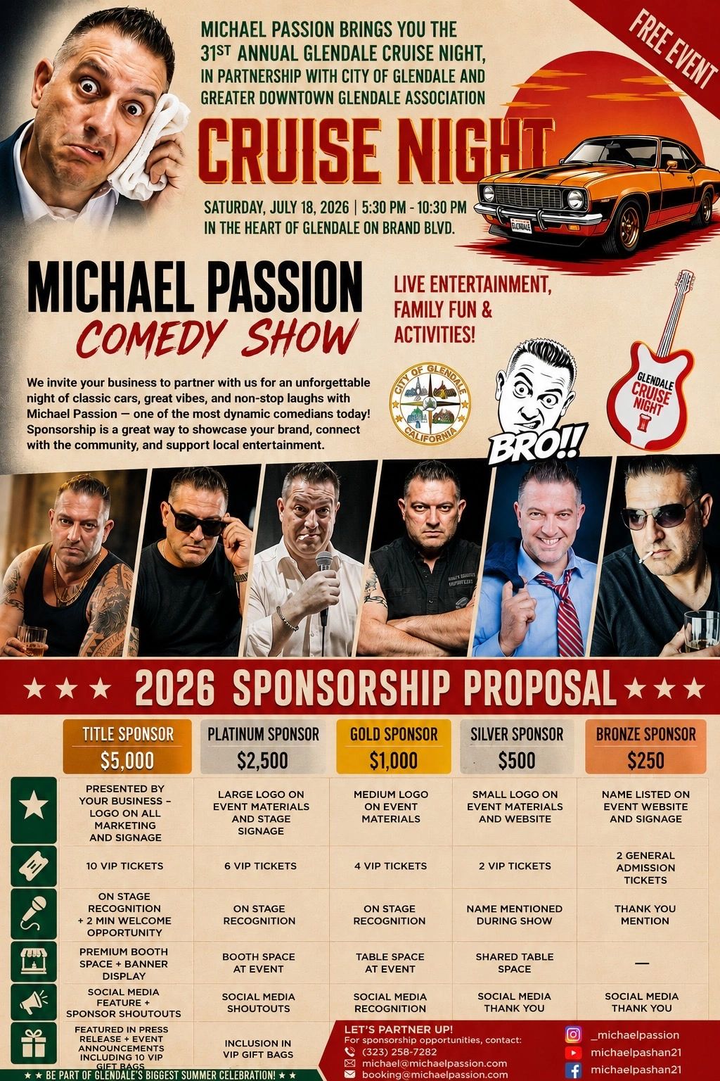 Michael Passion Comedy Show sponsorship proposal for 2026 Glendale Cruise Night event.