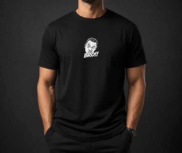 Man wearing a black t-shirt with a cartoon face and 'BRO!!' text.