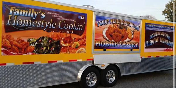 Food truck offering homestyle cooking and seafood dishes in the neighborhood.