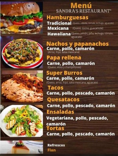 The menu at Sandra's Restaurant