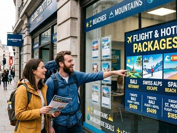 A couple looks excitedly at travel packages displayed in a storefront window.