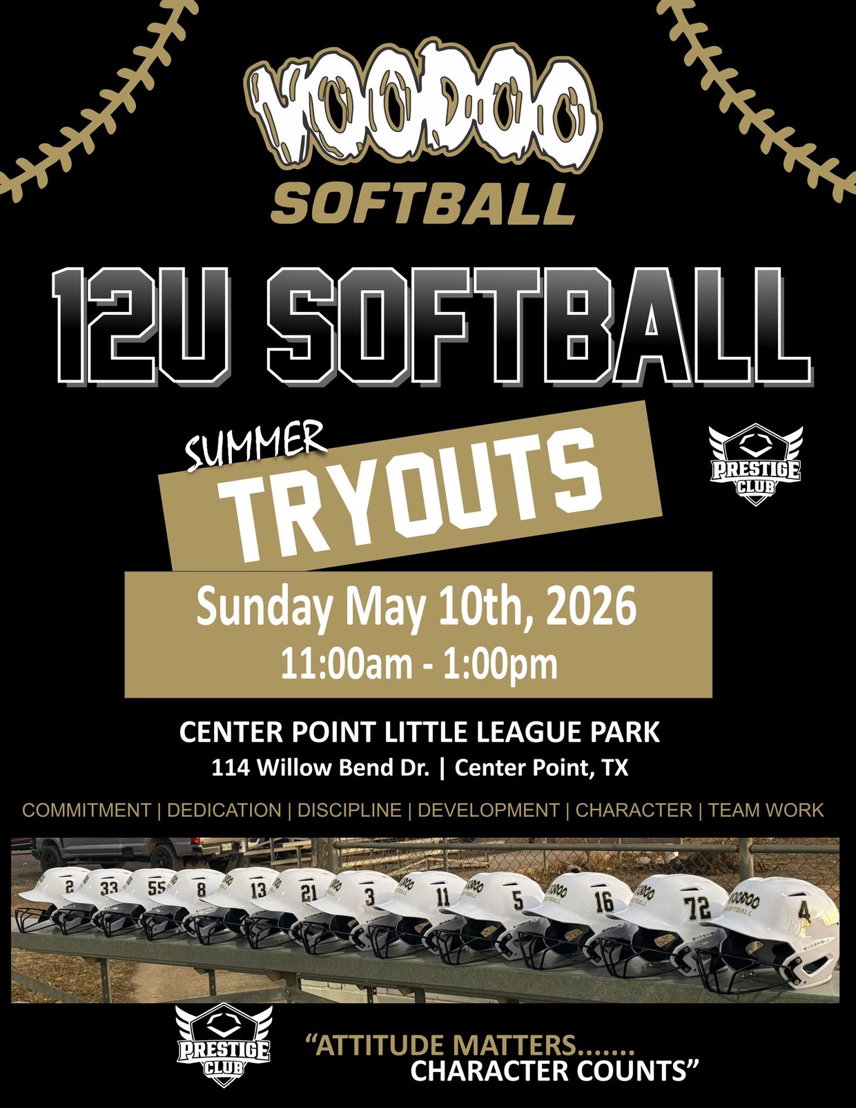 Flyer for Voodoo Softball 12U summer tryouts on May 10, 2026, at Center Point Little League Park.
