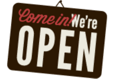 Brown "Come in We're OPEN" sign with red and white text