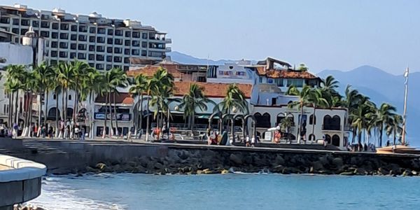Palm trees surround a coastal view of adobe style buildings with modern apartment buildings in back