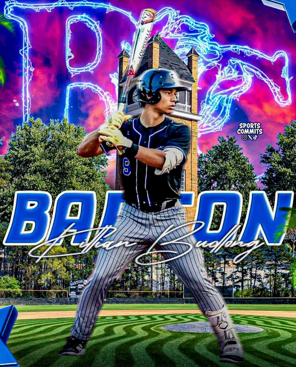 Baseball player in batting stance with colorful background.