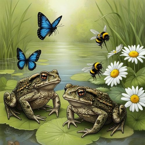 Two toads on lily pads surrounded by butterflies, bees, and daisies near a calm pond.