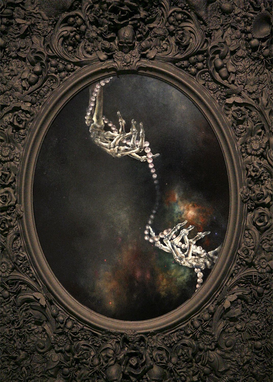 Detail of oil painting. Skeletal hands with pearls. Pearls are symbol of Venus, Love 